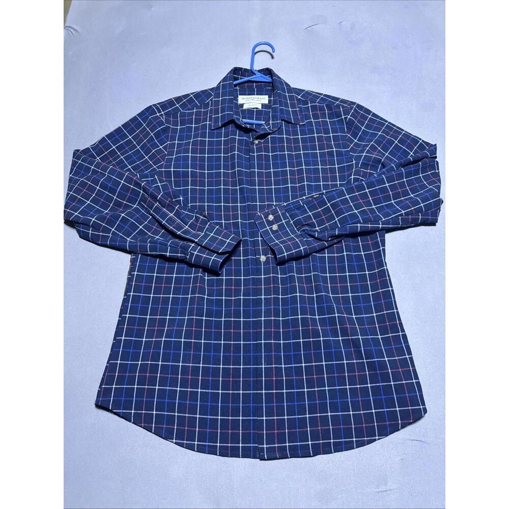 Mizzen Main Shirt Mens Large Blue Plaid Trim Fit Performance Menswear Button Up
